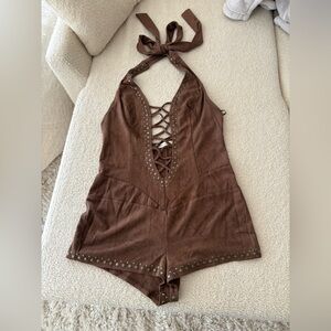 Sexy brown suede halter romper with studded details